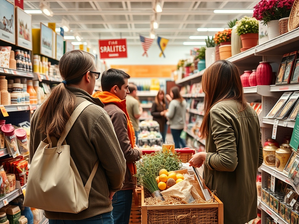 Группа людей в магазине, выбирающие продукты на полках среди ярких упаковок и растений.