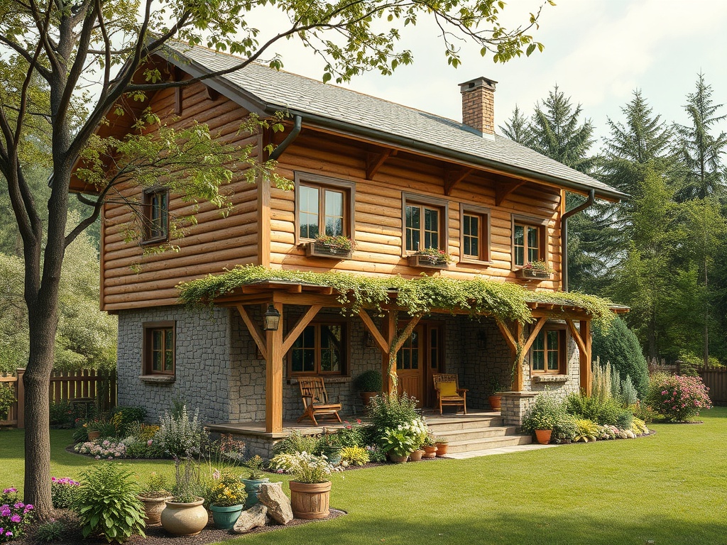 Деревянный дом с каменным основанием, окруженный цветами и зелеными насаждениями, находится в живописном саду.