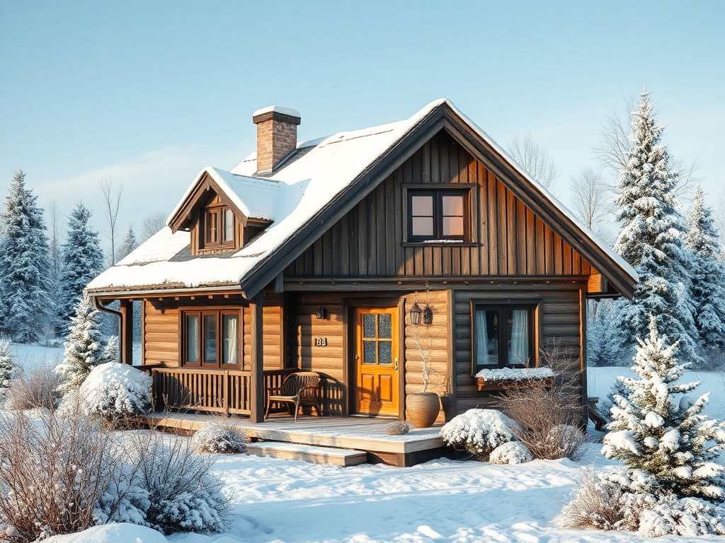 Деревянный домик в снегу, окружённый соснами, уютно смотрится на фоне зимнего неба.