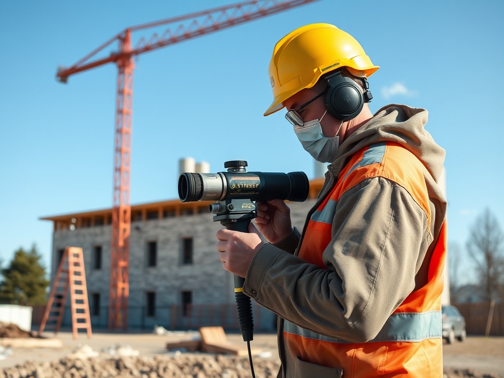 Рабочий в строительной каске и наушниках использует измерительное оборудование на строительной площадке.