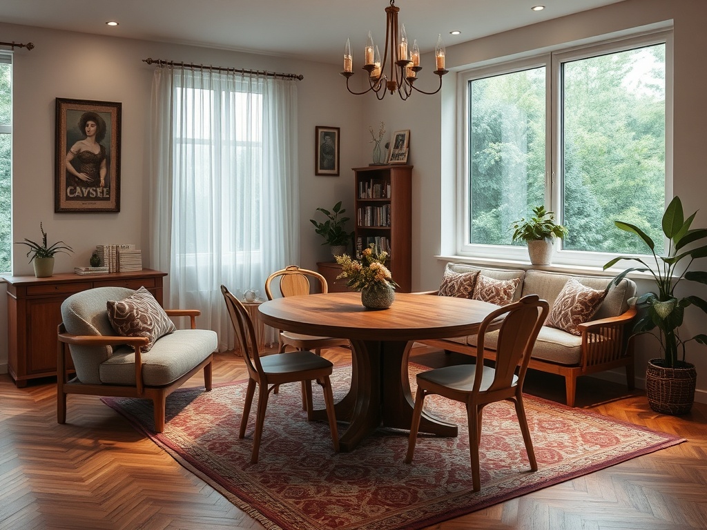 Уютный обеденный уголок с деревянным столом, мягкой мебелью и зелеными растениями у окна.