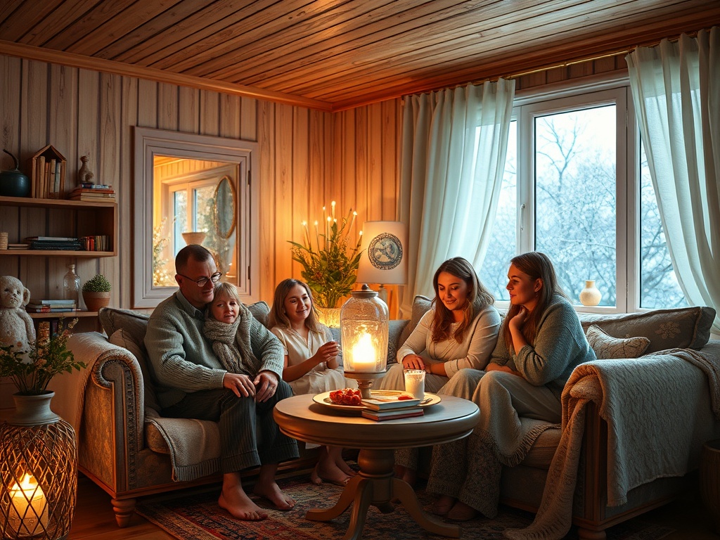 Семья проводит вечер в уютной комнате, наслаждаясь общением и светом свечей у окна с зимним пейзажем.