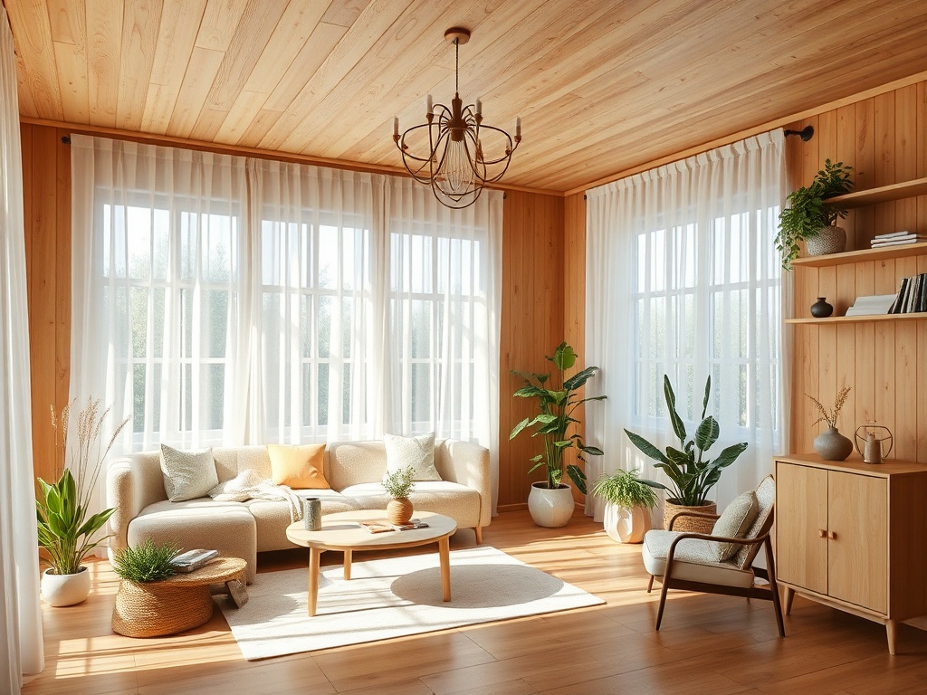 Светлая гостиная с деревянными стенами, растениями и уютной мебелью, залитая солнечным светом.