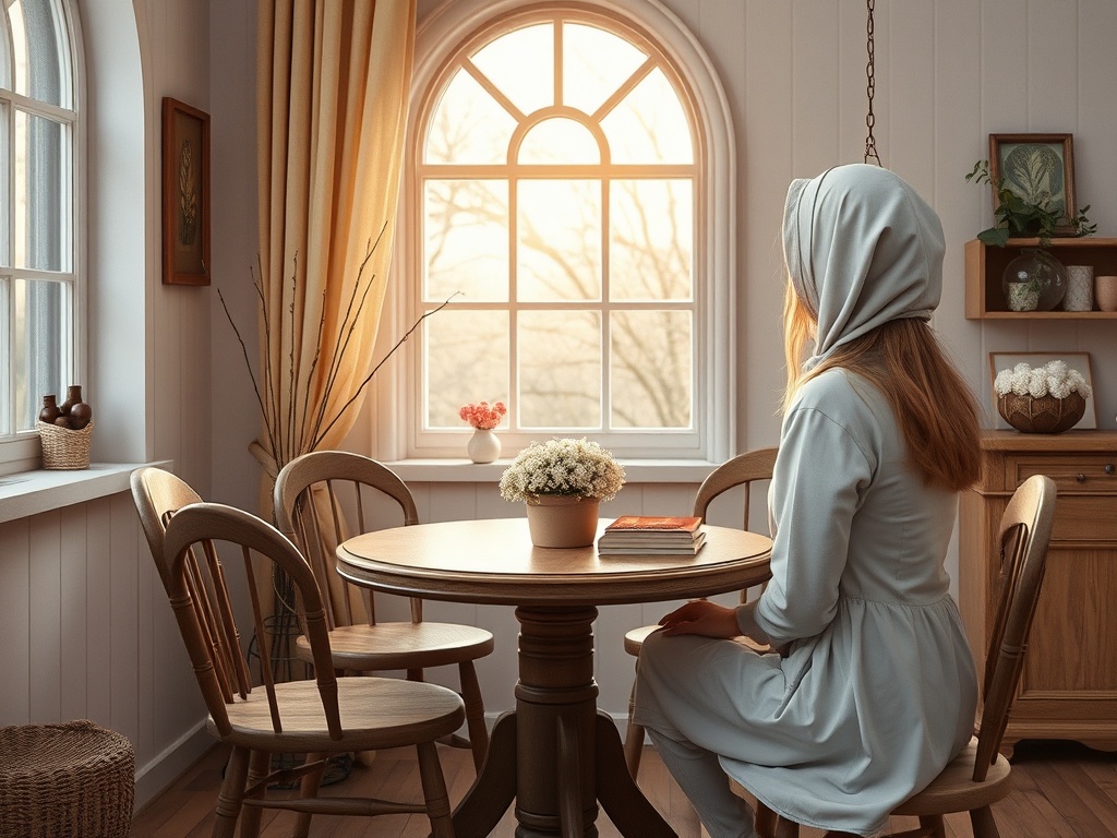 Женщина в светлом платье и платке сидит за столом, глядя в окно на солнечный пейзаж.