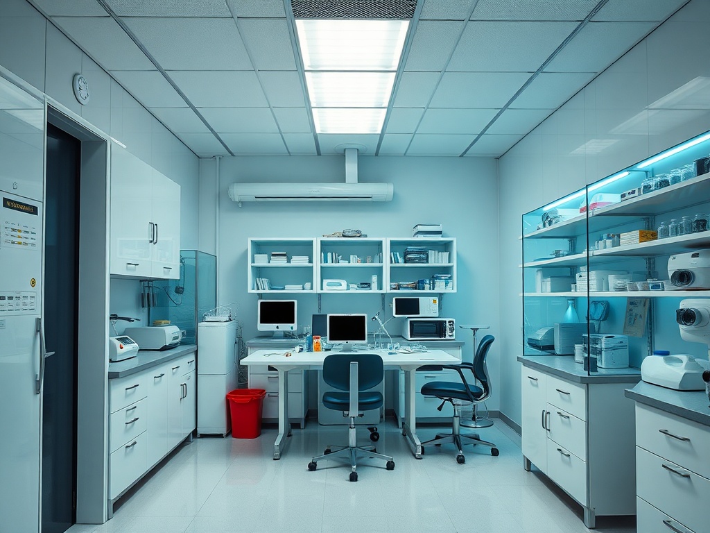 Современный лабораторный кабинет с белыми стенами и светлым освещением. Оборудован техникой и столом для работы.