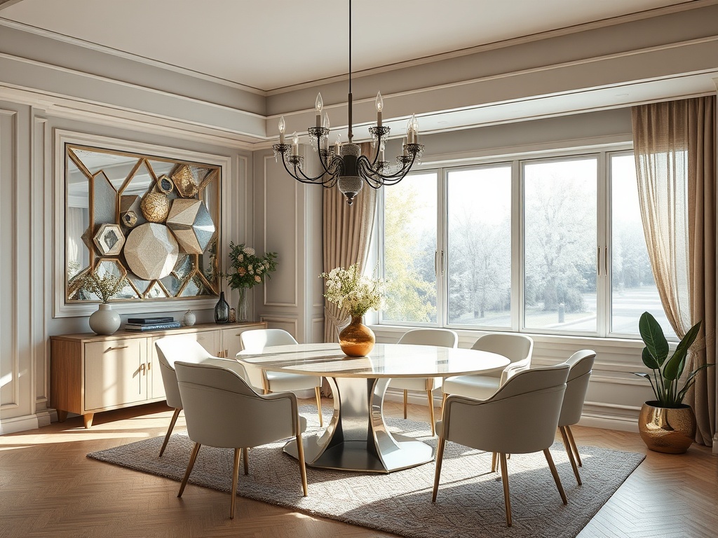 Современный интерьер столовой с круглым столом, креслами и большими окнами, освещающими пространство.