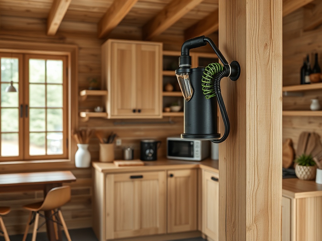 В современном кухонном интерьере на деревянной стене висит стильный светильник.