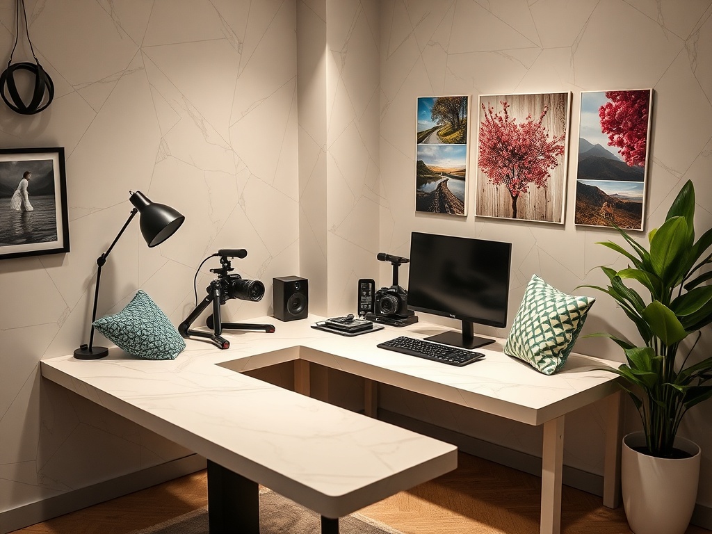 Современный рабочий стол с компьютером, камерой и декором, включая картины и комнатные растения.