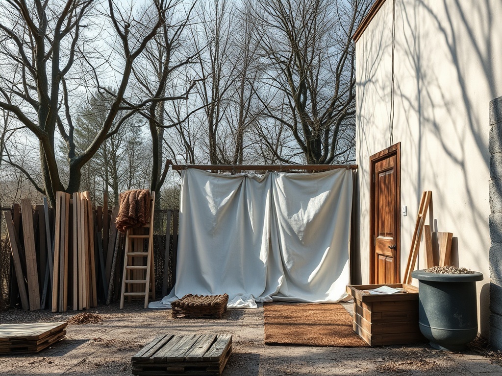 На фото — участок с белой тканью, деревянными брусами и лестницей на фоне ветвей голых деревьев.