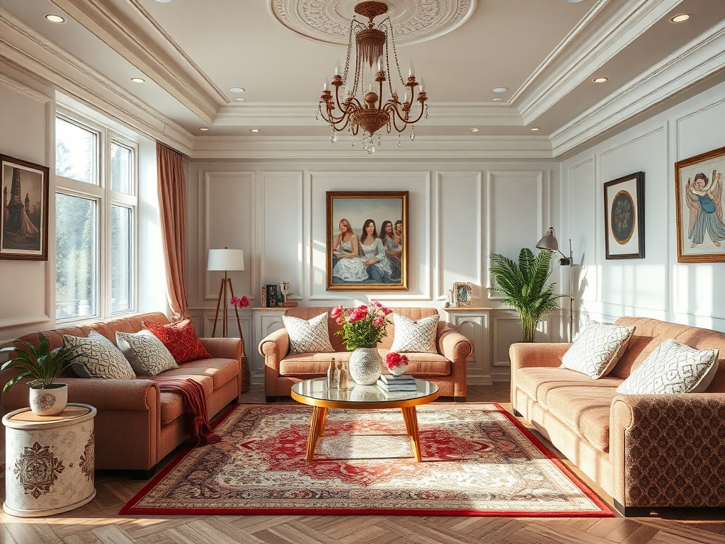 Современная гостиная с диванами, стеклянным столом и картинами на стенах, уютная атмосфера и много света.