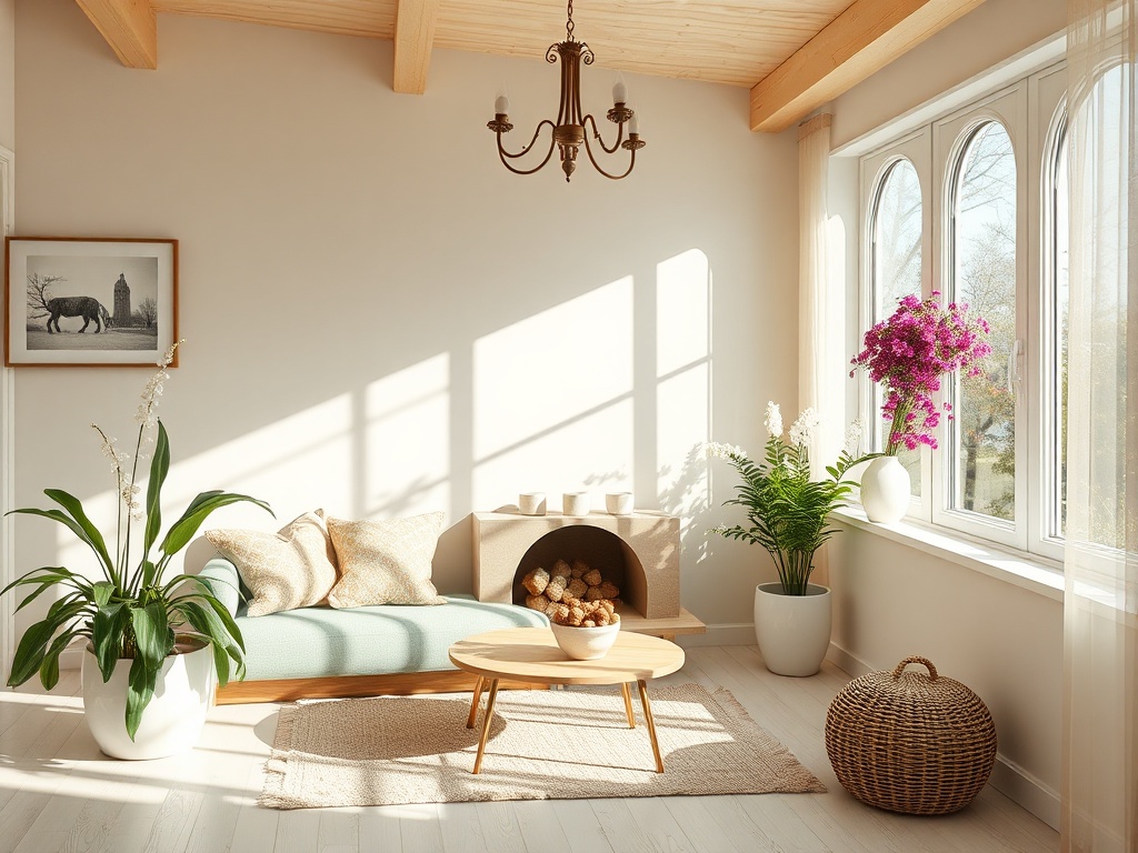 Современная комната с зелеными растениями, уютным диваном и ярким светом, проходящим через большие окна.