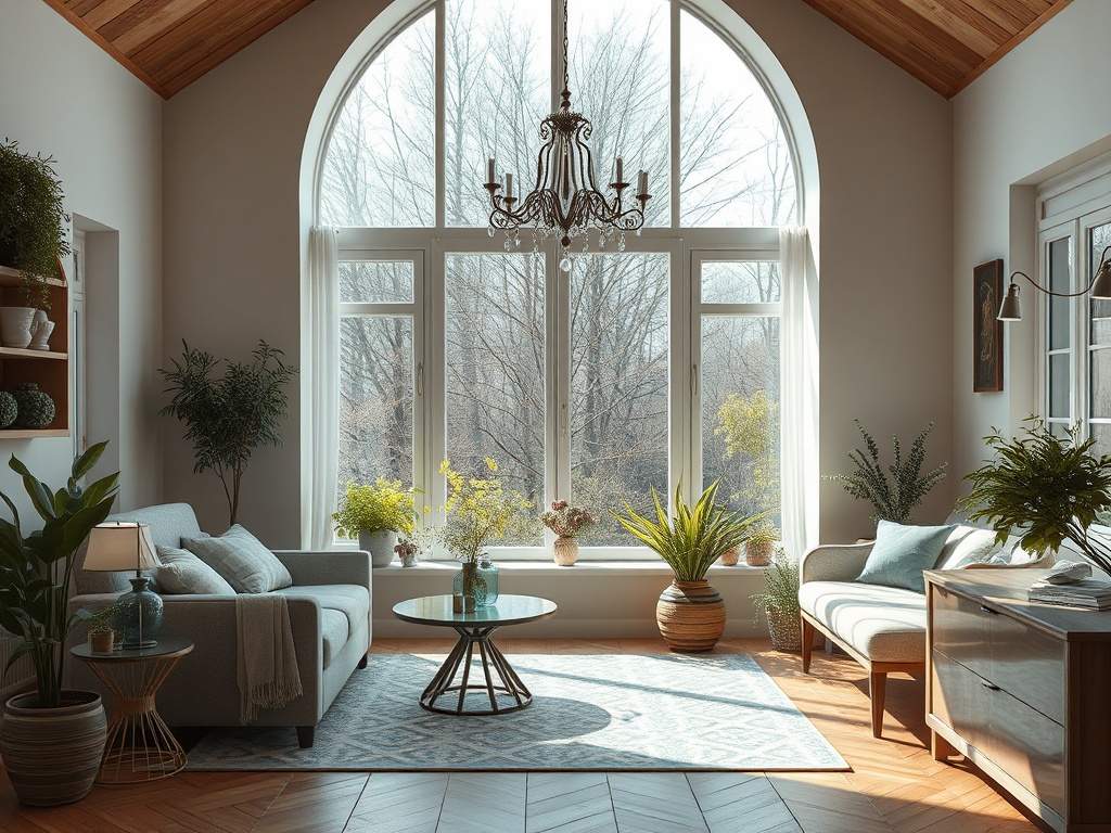 Светлая комната с большими окнами, растениями, мягкой мебелью и современными элементами декора.