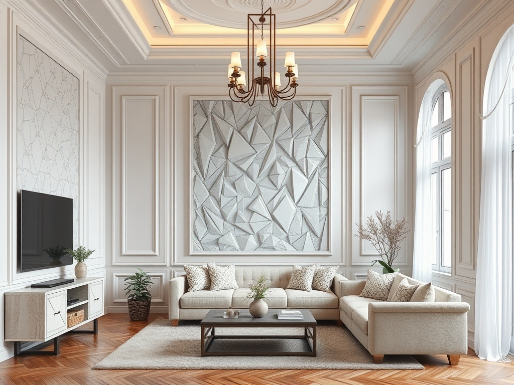 Светлая гостиная с уютным диваном, телевизором и декоративными элементами на стенах и окнах.