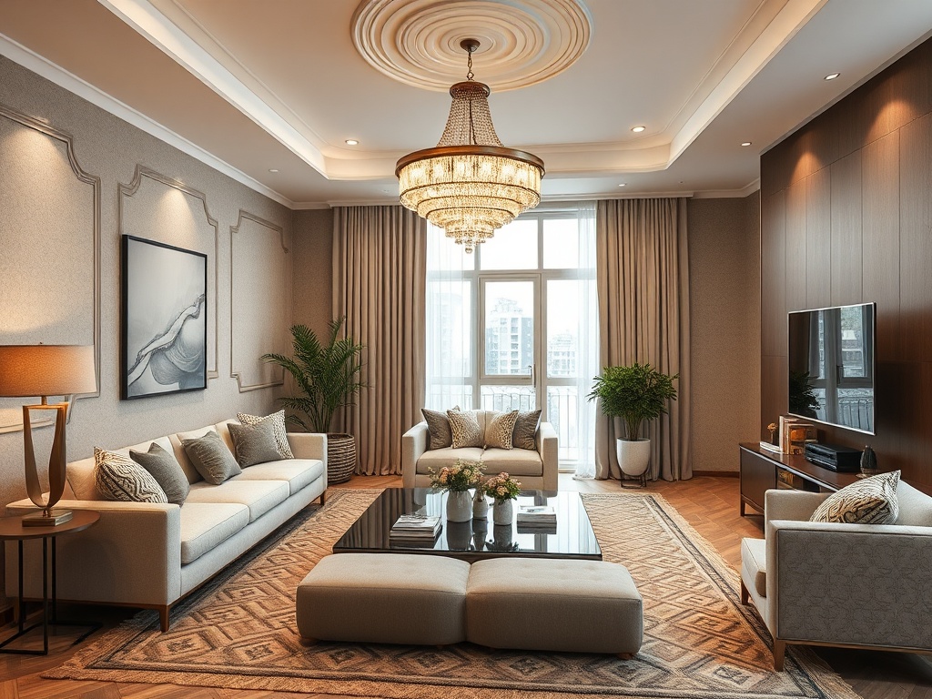 Современная гостиная с элементами люкса, мягкой мебелью и большим светильником. Пейзаж за окнами.