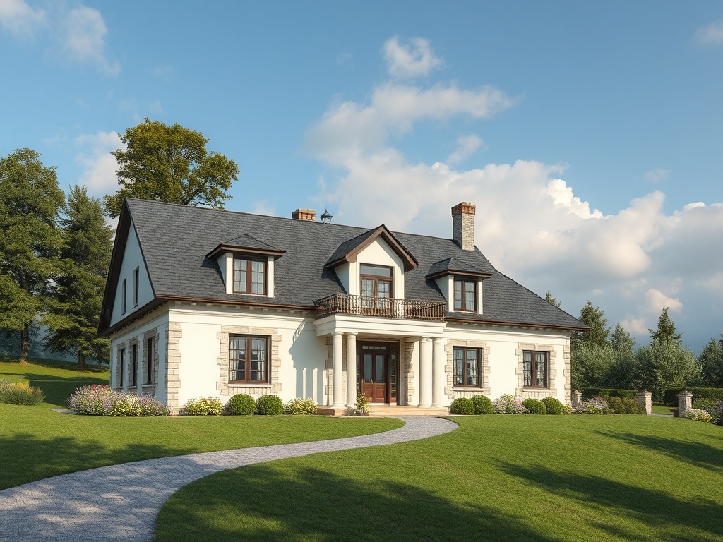 Красивый загородный дом с зеленым двором и живописным ландшафтом на фоне голубого неба.