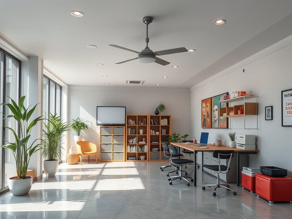 Современный офис с большими окнами, растениями, мебелью и канцтоварами, оформленный в светлых тонах.