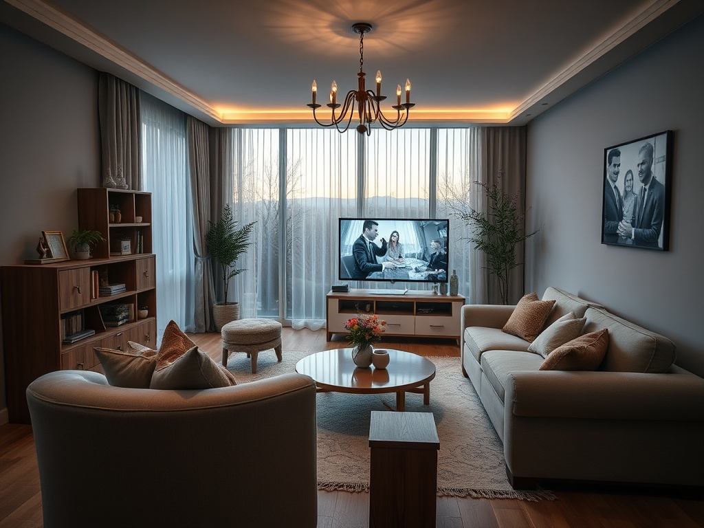 Современная гостиная с диваном, столом и телевизором, на котором идет черно-белый фильм. Большие окна.