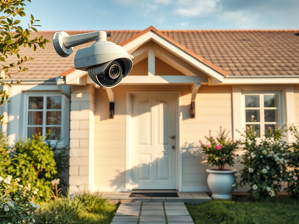 Камера видеонаблюдения установлена у входной двери дома, окружённого зелеными растениями и цветами.