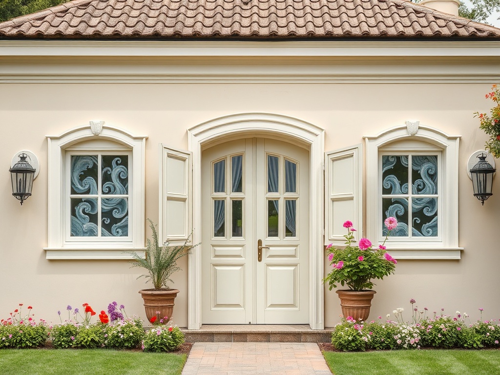 Дверь дома с окнами, украшенными волнистым узором, и яркими цветами в горшках у входа.