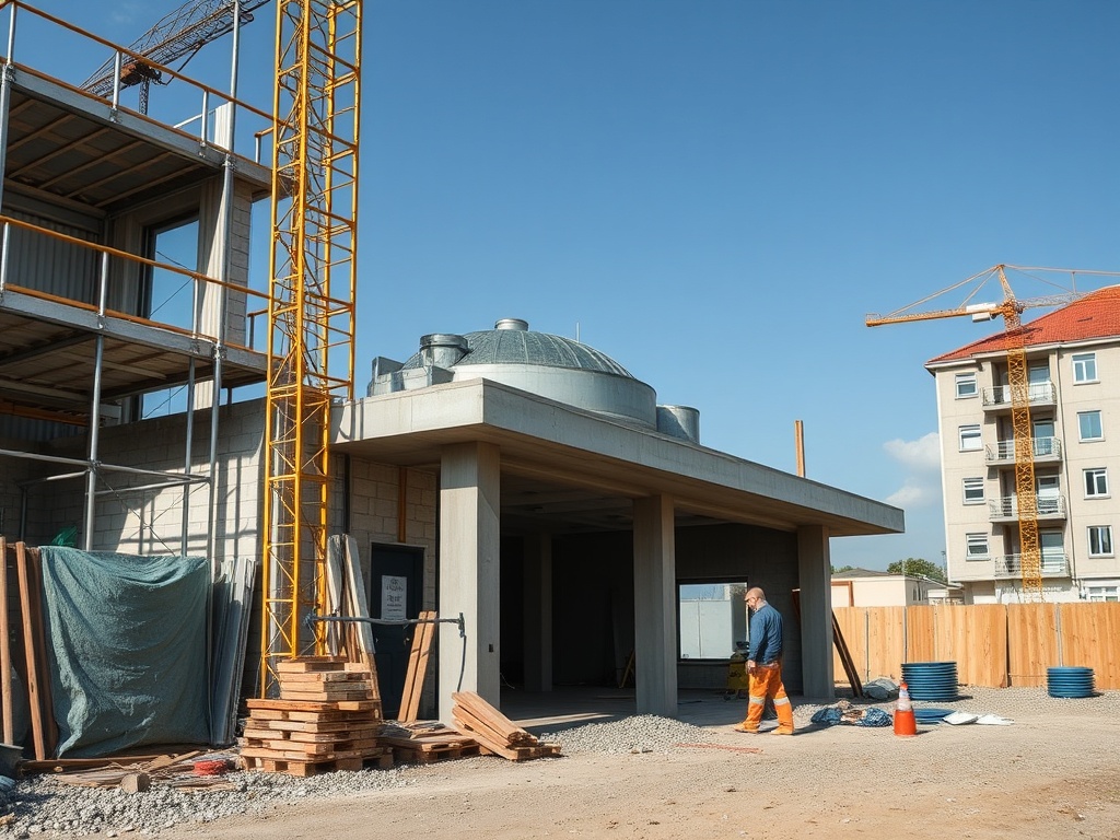 Строительная площадка с новым зданием, рабочий и строительные материалы на фоне голубого неба.