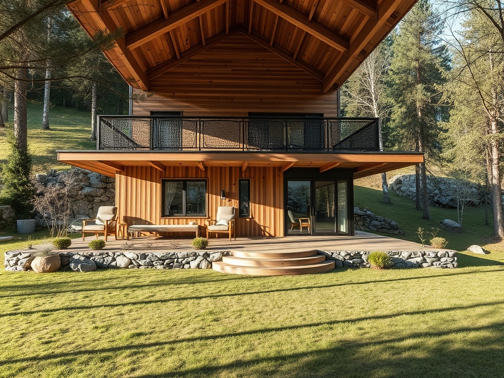 Современный деревянный дом с верандой на фоне леса и ухоженного газона.